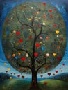 Surrealistic Image of a Tree of Life with petals of hearts.