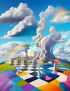 A surrealistic landscape of a chessboard, with pieces made of clouds and a rainbow sky. Royalty Free Stock Photo