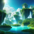 surrealistic landscape with floating islands and