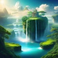 surrealistic landscape with floating islands and