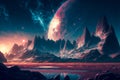 A surrealistic landscape with a mountain range and a lake and a big planet in the background. Created with Generative AI