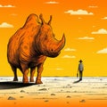 Surrealistic Landscape: Orange Rhino And Human Encounter In The Desert