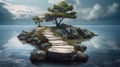 Surrealistic landscape with stone path to the island, zen concept, meditative