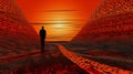 Surrealistic Metamodernism A Man Walking On A Red Road At Sunset