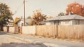 Delicate Panorama: A Highly Realistic Painting Of A House Near A Fence Royalty Free Stock Photo