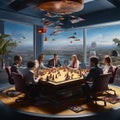 a surrealistic painting of a team playing board games in an of