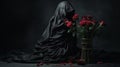 Surrealistic Photography: Woman In Black Hooded Holding Vase Of Red Roses