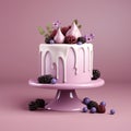 Surrealistic Pink Cake With Blackberries And Elaborate Fruit Arrangements