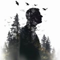 Surrealistic Portraiture: Man In Forest With Birds In Double Exposure