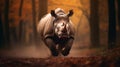 Surrealistic Rhino Running Through Autumn Forest - Contest Winner