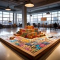 a surrealistic sculpture of a giant scrabble board in the midd