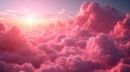 Surrealistic sky with bright pink fluffy clouds and sun rays. Abstract ethereal background