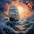 Surrealistic Tall Ship Sailing At Sunset Escher-inspired Navy Baroque Seascape Abstract Royalty Free Stock Photo