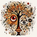 Surrealistic Tree Face With Colored Eyes - Melancholic Symbolism