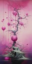 Surrealistic Tree Painting With Pink Hearts And Dripping Paint