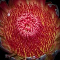 Surrealistic macro of a red yellow glowing protea blossom on black background