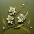 Surrealistic White Flower Branches On Green Background