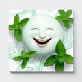 Surrealistic White Smiling Face With Mint Leaves And Flies