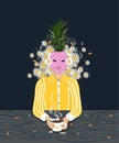 Surrealistic women with pineapple head wearing yellow striped shirt holding cup of Chocolate,Vector Surreal portrait girl in