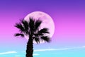 Surrel landscape in neon colors. Giant moon and palm tree