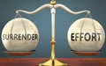 Surrender and effort staying in balance - pictured as a metal scale with weights and labels surrender and effort to symbolize