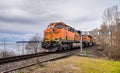 Surrey, Canada - Mar 29, 2020: BNSF freight train locomotive Southbound near Canada USA border