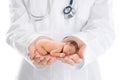 Surrogacy concept. Doctor holding adorable newborn baby on white background