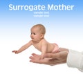 Surrogacy concept. Woman holding cute little baby on color background. Space for design