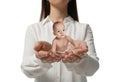 Surrogacy concept. Woman holding cute little baby on white background