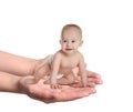 Surrogacy concept. Woman holding little baby on white background, closeup