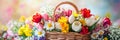 Vibrant flowers bloom in a charming vintage basket amidst a colorful garden setting Royalty Free Stock Photo
