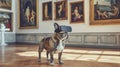 Surrounded by classical art, a French Bulldog dons a VR headset, playfully juxtaposing timeless masterpieces with