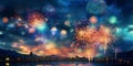 Surrounded by colorful fireworks flashes against the background of the night sky, there is an atmosphere of celebration