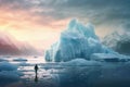 Surrounded by dissolving ice formations, an individual confronts the daunting task brought about by the pressing issue of