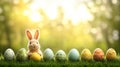 Surrounded by Easter eggs, a sweet bunny relaxes in a vibrant spring meadow, illuminated by warm sunlight Royalty Free Stock Photo