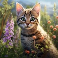 Surrounded by flowers, a photorealistic portrait captures the charm of a cute cat in a natural setting by AI generated