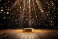 Surrounded by suspended golden particles against a black background, a podium on a wooden stage radiates a festive and celebratory Royalty Free Stock Photo