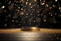 Surrounded by suspended golden particles against a black background, a podium on a wooden stage radiates a festive and celebratory Royalty Free Stock Photo