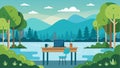 Surrounded by tall trees and calming waters the freelancers lakeside desk allowed for a refreshing change of scenery in Royalty Free Stock Photo