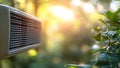 Surrounded by verdant plants, a ductless mini-split air conditioner sits in the garden. This modern AC unit ensures Royalty Free Stock Photo