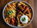 top down photo of carne asada fries and buffalo chicklen wings Royalty Free Stock Photo