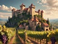 Medieval Castle Overlooking Vineyards with Ripe Grape Bunches.