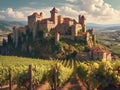 Medieval Castle Overlooking Vineyards with Ripe Grape Bunches.