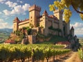 Medieval Castle Overlooking Vineyards with Ripe Grape Bunches.