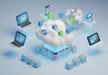 Surrounding the cloud are icons for different data types like videos, Royalty Free Stock Photo