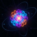 Surrounding the nucleus are orbiting blue spheres, representing electrons, Royalty Free Stock Photo