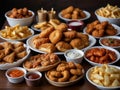 large table of assorted take out food such as pizza, french fries, onion rings, fried chicken and chicken wings