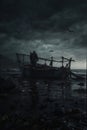 a man is fishing in a boat with a net in the foreground Twilight Repairs An Elderly Fisherman