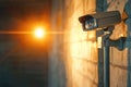 Surveillance camera on brick wall in warm sunset light Royalty Free Stock Photo