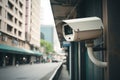 Surveillance camera at city street. CCTV monitoring system. Generative AI